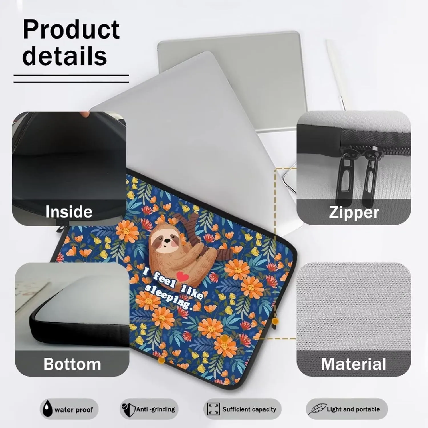 Gomyblomy Sloth & Flowers Portable Computer Bag, Waterproof and Shockproof Laptop Sleeve 10-17 Inch, Laptop Decoration for Women Girls