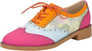 GORBINETI Women's Perforated Lace up Business Oxford Wingtip Round Toe Multicolor Leather Flat Oxford Retro Brogues Dress Shoes