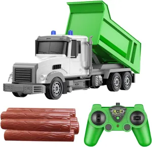 Green Dump Truck RC Vehicle, 6 Channel, 1/24 Scale, 2 Rechargeable Batteries, 6 Wooden Bars, Remote Control, Adjustable Dump Truck Compartment, Control Sounds and Lights, Boys Age 3-8
