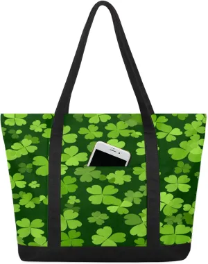 Green Four Clover Canvas Tote Bag Casual Shoulder Handbag Large Shopping Bags With 5 Pocket Carry On Weekender Backpack for Women Travel Work Gifts Duffle Grocery Compartment