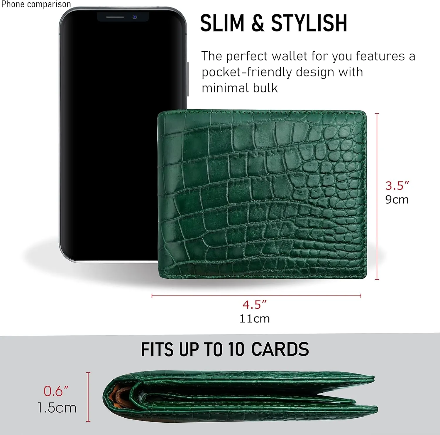 Green Mens Alligator Bifold Leather Wallet With RFID Blocking Crocodile Passcase Double Side Minimalist Travel ID With 8 Card Slot Bespoke Luxury Wallet Gift For Husbund Boss Father VIBE-88