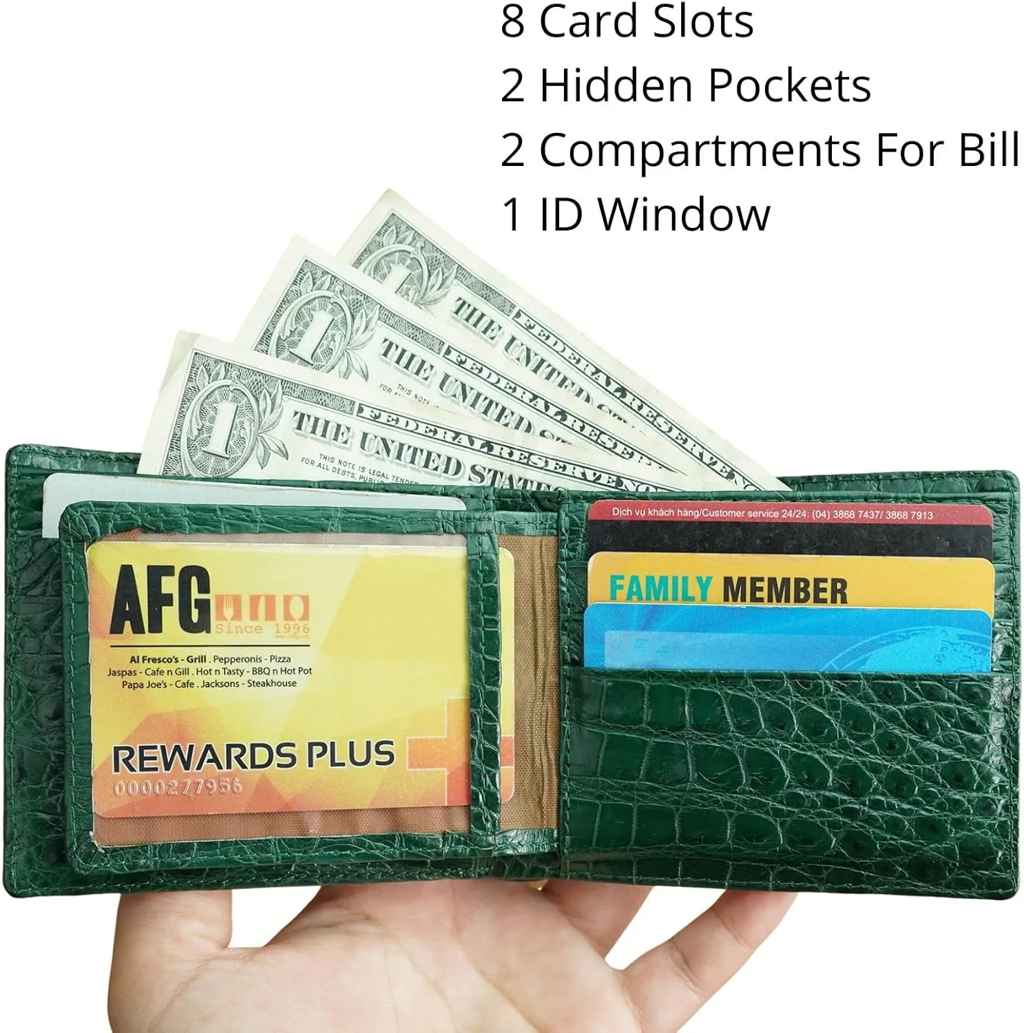 Green Mens Alligator Bifold Leather Wallet With RFID Blocking Crocodile Passcase Double Side Minimalist Travel ID With 8 Card Slot Bespoke Luxury Wallet Gift For Husbund Boss Father VIBE-88