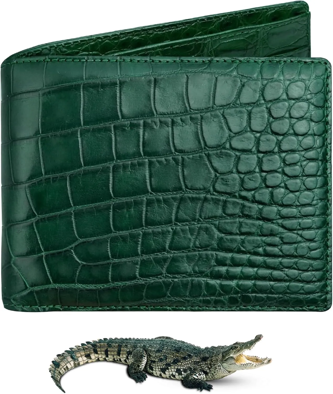 Green Mens Alligator Bifold Leather Wallet With RFID Blocking Crocodile Passcase Double Side Minimalist Travel ID With 8 Card Slot Bespoke Luxury Wallet Gift For Husbund Boss Father VIBE-88
