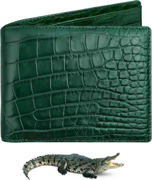 Green Mens Alligator Bifold Leather Wallet With RFID Blocking Crocodile Passcase Double Side Minimalist Travel ID With 8 Card Slot Bespoke Luxury Wallet Gift For Husbund Boss Father VIBE-88