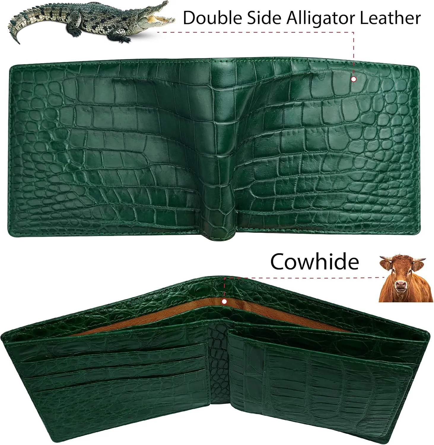 Green Mens Alligator Bifold Leather Wallet With RFID Blocking Crocodile Passcase Double Side Minimalist Travel ID With 8 Card Slot Bespoke Luxury Wallet Gift For Husbund Boss Father VIBE-88