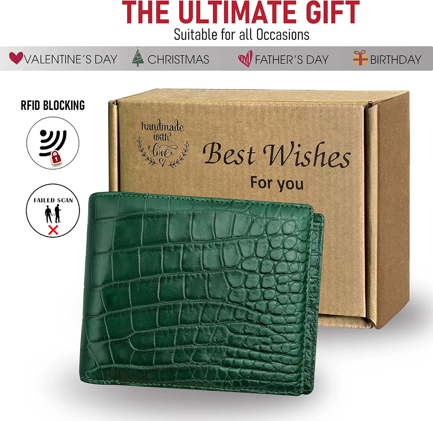 Green Mens Alligator Bifold Leather Wallet With RFID Blocking Crocodile Passcase Double Side Minimalist Travel ID With 8 Card Slot Bespoke Luxury Wallet Gift For Husbund Boss Father VIBE-88