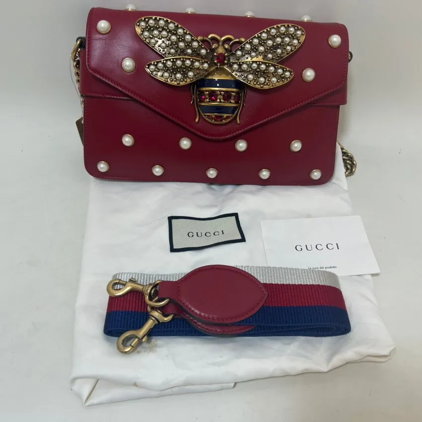 Gucci Bee-Inspired Crossbody Bag Red Leather Shoulder Bag