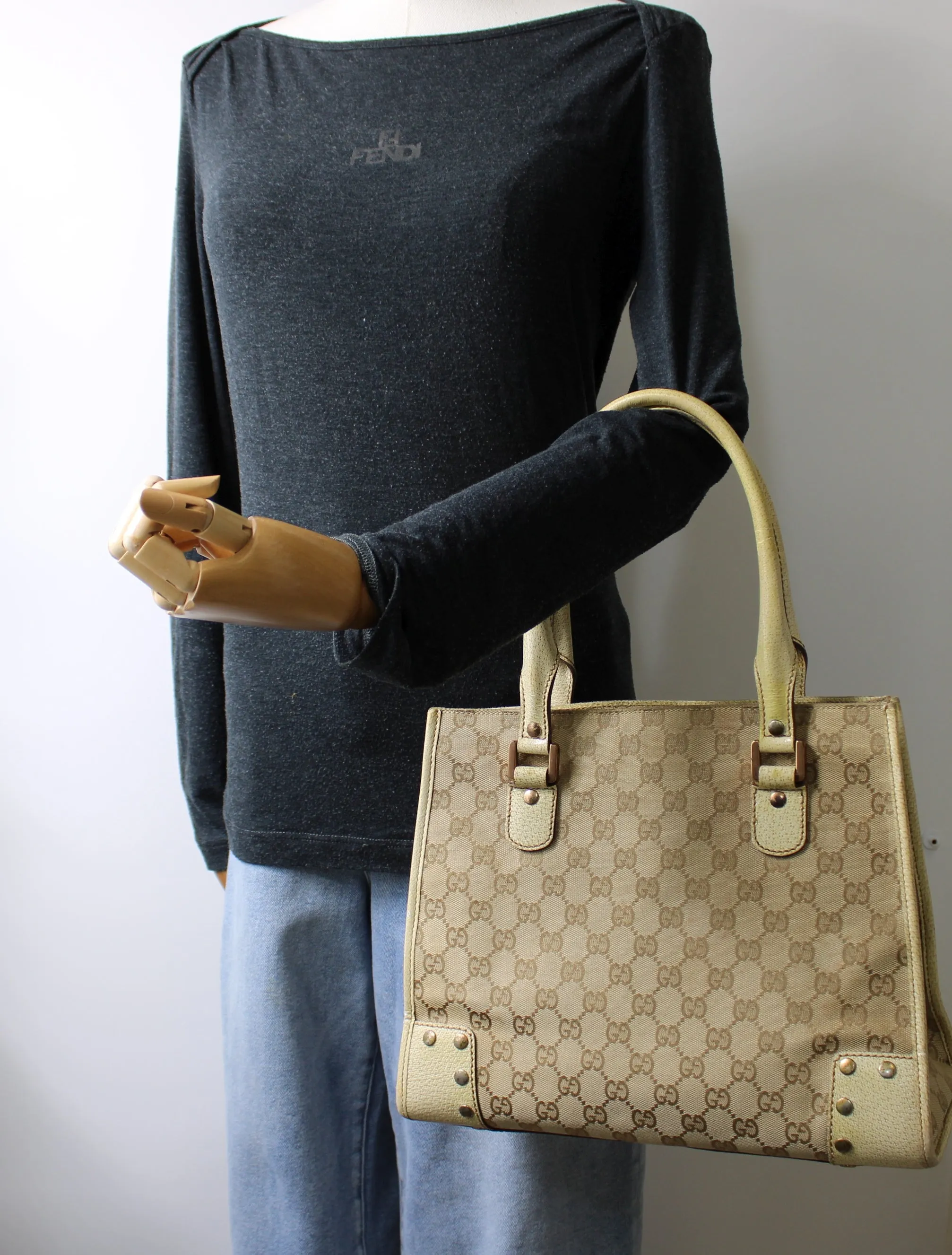 Gucci Beige Leather and Canvas Open Top Tote Bag