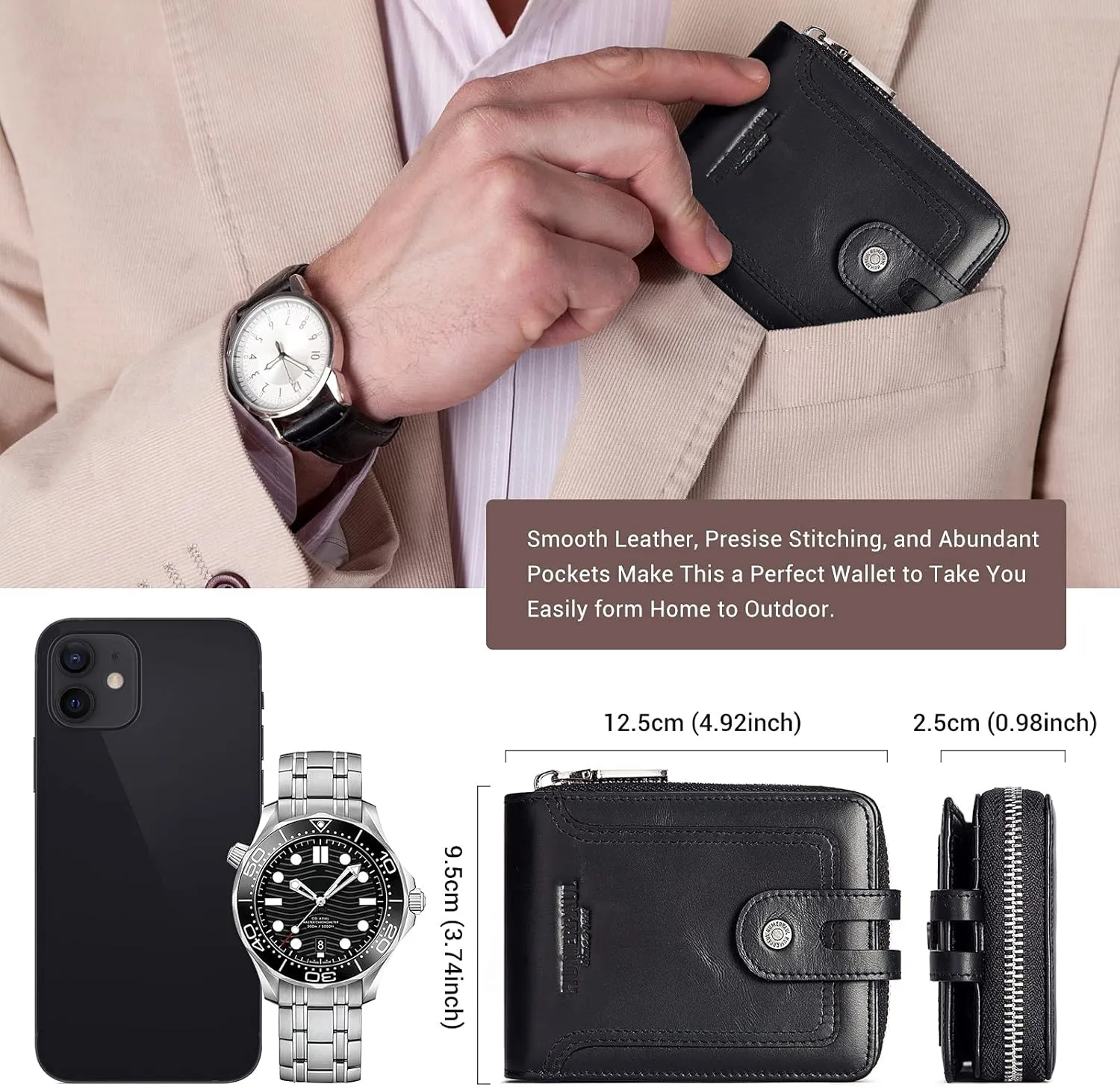 gzcz Mens Wallet with Zipper RFID Blocking Genuine Leather Bifold Purse with ID Window and Credit Card Holder (Black)