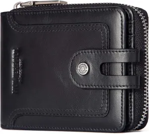 gzcz Mens Wallet with Zipper RFID Blocking Genuine Leather Bifold Purse with ID Window and Credit Card Holder (Black)