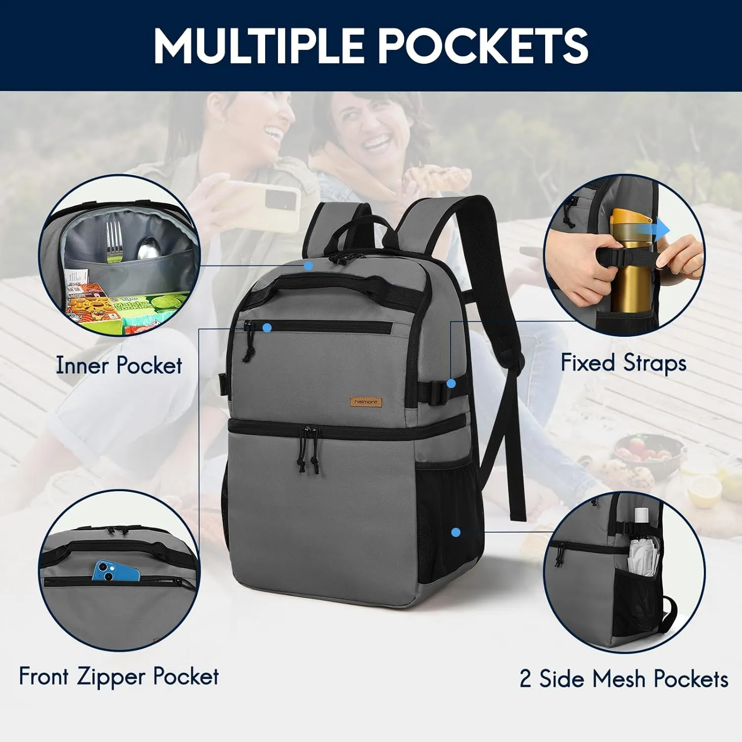 Haimont Cooler Backpack Insulated Double Deck for Men Women, 30 Cans Lunch Backpack Leakproof for Hiking Beach Travel Work