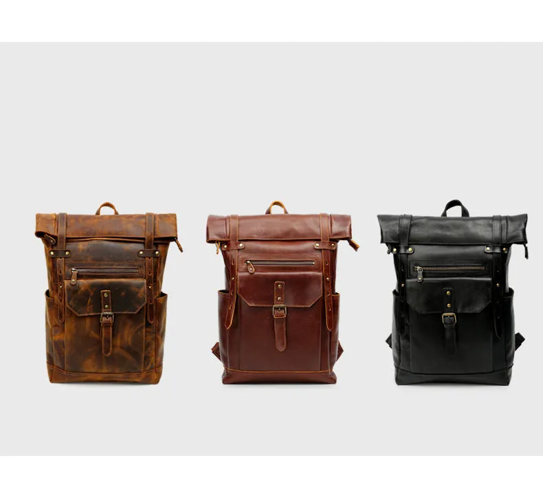 Handmade Vintage Roll-Top Genuine Leather Men's Laptop Backpack
