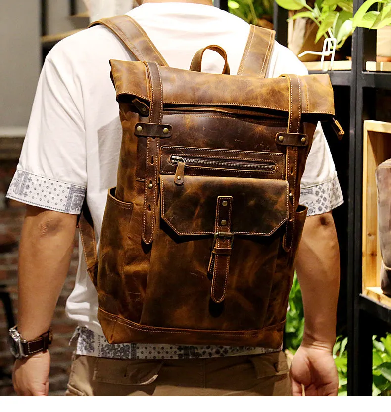 Handmade Vintage Roll-Top Genuine Leather Men's Laptop Backpack