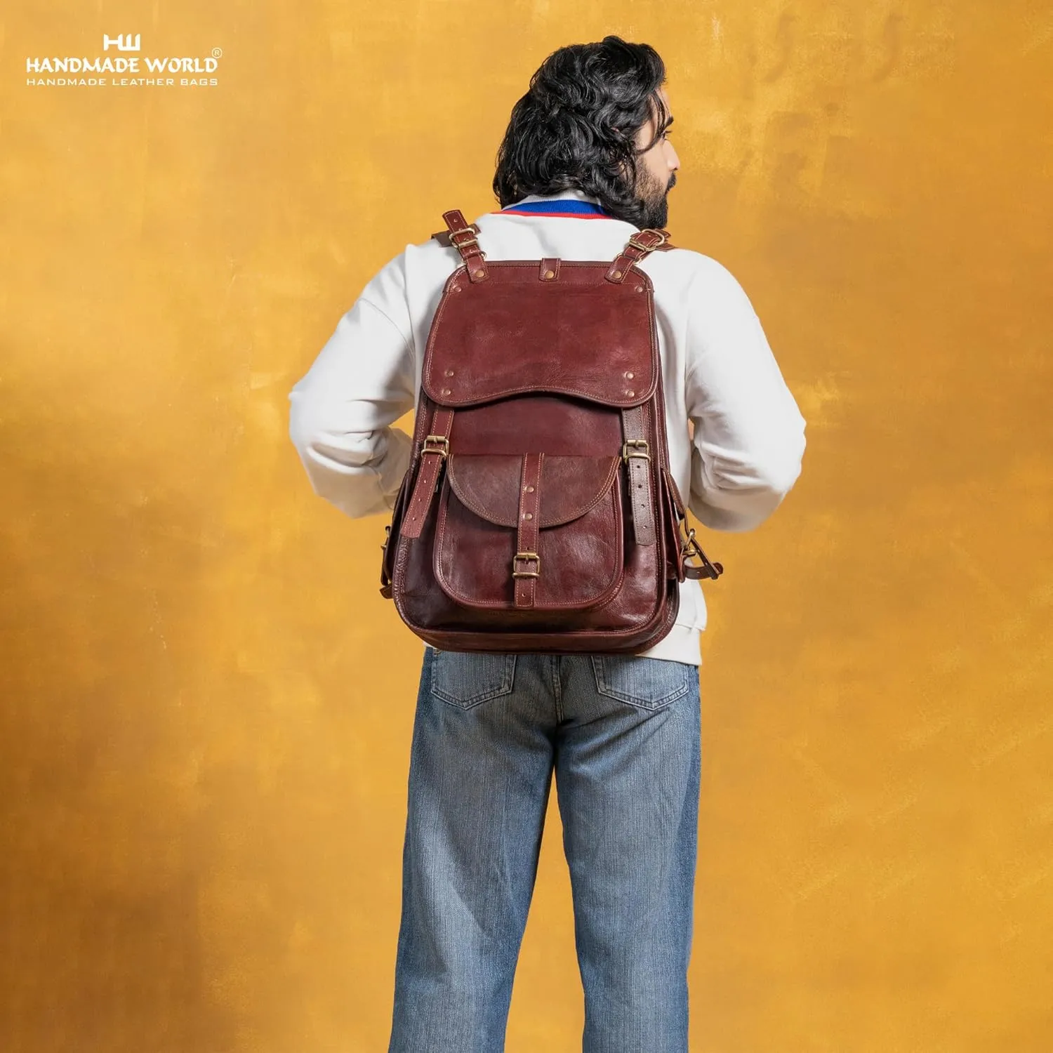 Handmade World Vintage Full Grain 21 Inch Leather Laptop LARGE Backpack Casual Bookbag Daypack Travel Rucksack (Brown)