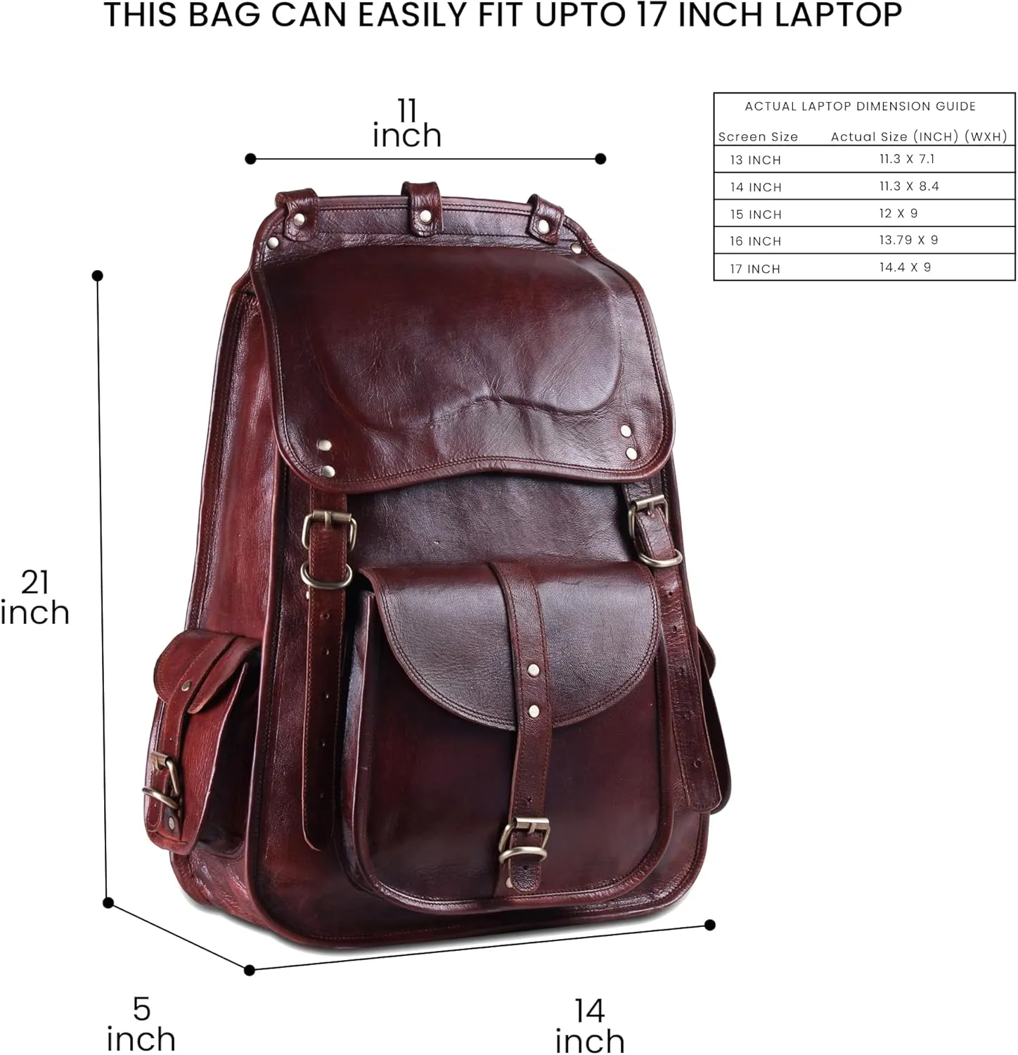 Handmade World Vintage Full Grain 21 Inch Leather Laptop LARGE Backpack Casual Bookbag Daypack Travel Rucksack (Brown)