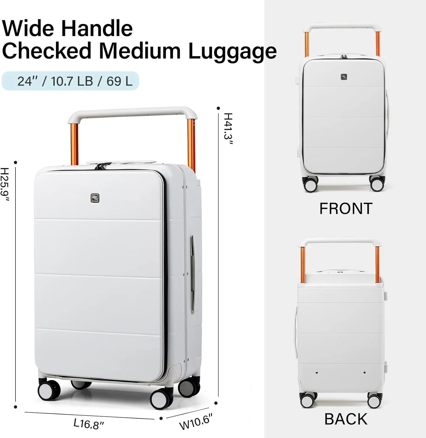 Hanke Luggage Hard Shell Suitcases 24 Inch Checked-Medium Luggage with Spinner Wheels TSA Approved Travel Luggage Wide Handle for Men Women(Smoke White)