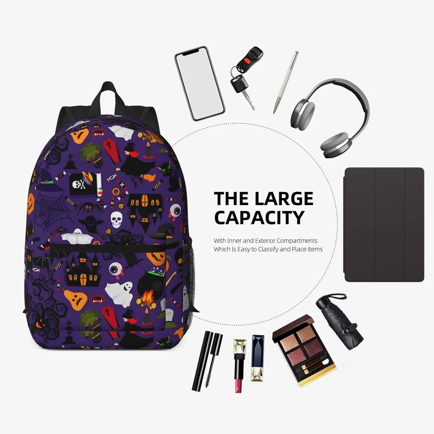 Happy Halloween Bats Witchs Spider Web Pumpkin Skull Bone 17 Inch Backpacks Multipurpose Laptop Backpack Double Shoulder Bag for Men Women Gifts