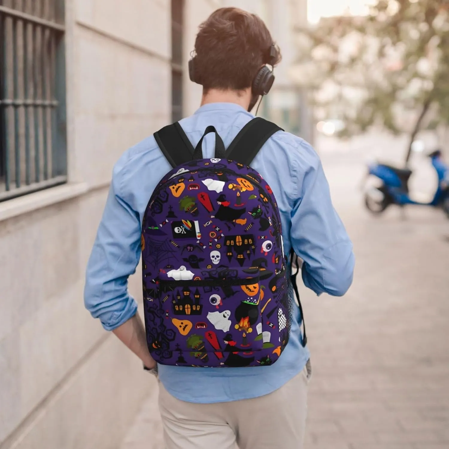 Happy Halloween Bats Witchs Spider Web Pumpkin Skull Bone 17 Inch Backpacks Multipurpose Laptop Backpack Double Shoulder Bag for Men Women Gifts