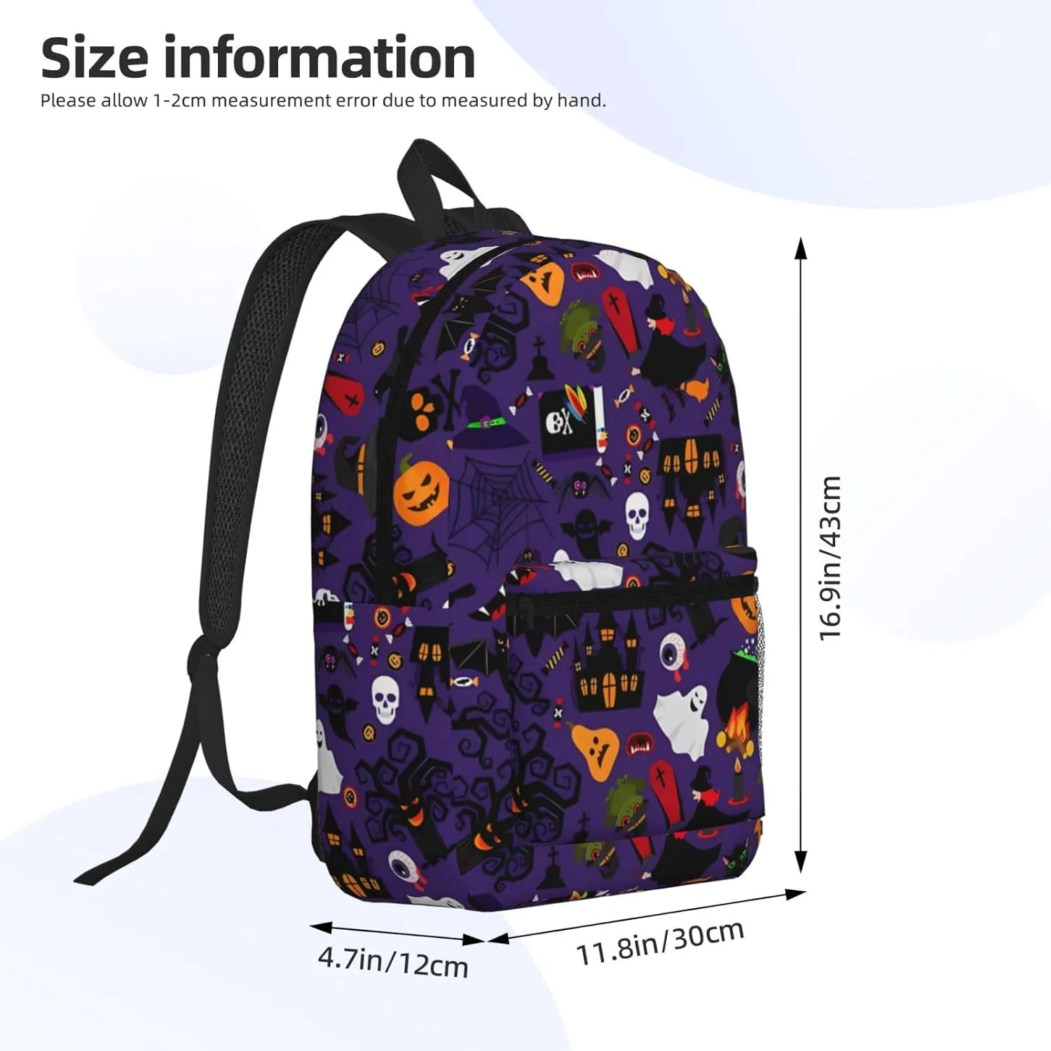 Happy Halloween Bats Witchs Spider Web Pumpkin Skull Bone 17 Inch Backpacks Multipurpose Laptop Backpack Double Shoulder Bag for Men Women Gifts