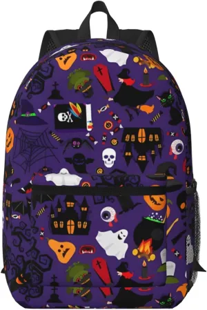 Happy Halloween Bats Witchs Spider Web Pumpkin Skull Bone 17 Inch Backpacks Multipurpose Laptop Backpack Double Shoulder Bag for Men Women Gifts
