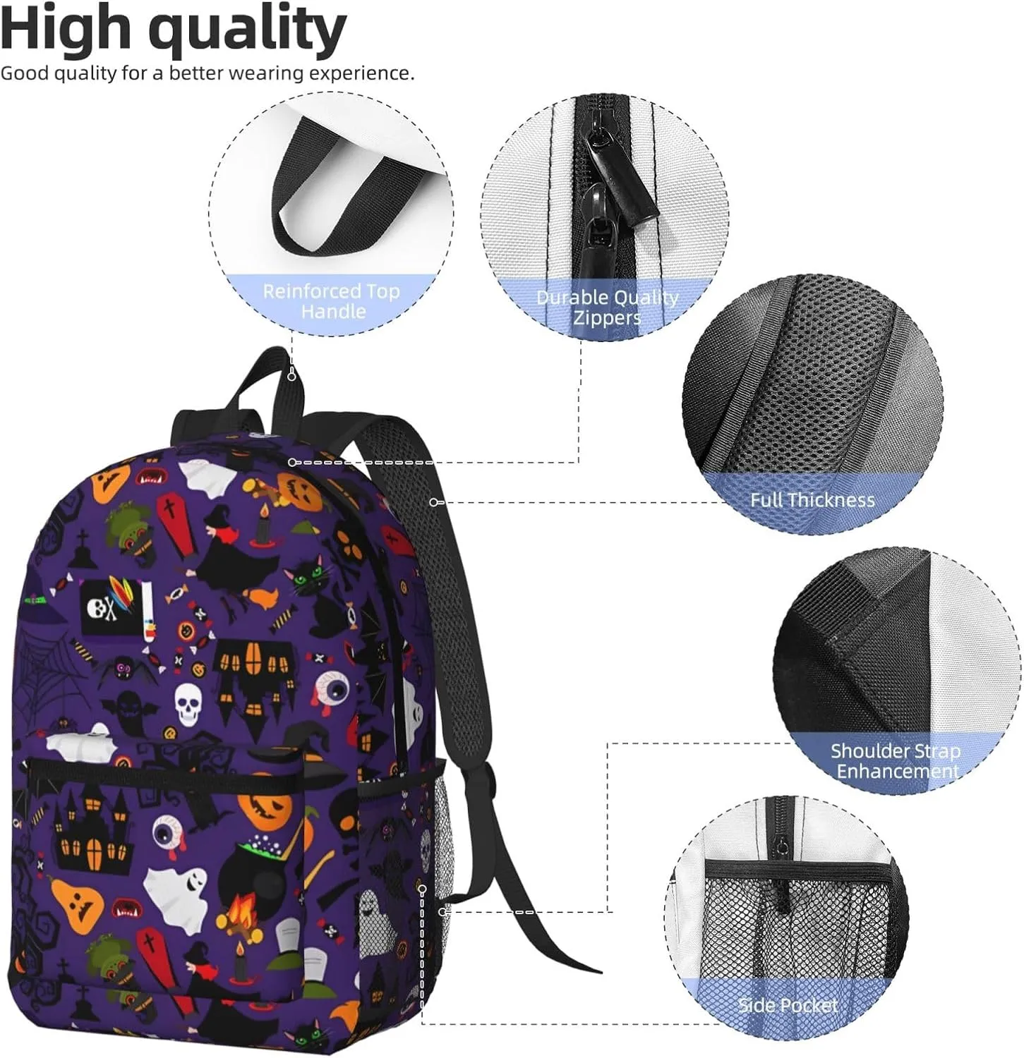 Happy Halloween Bats Witchs Spider Web Pumpkin Skull Bone 17 Inch Backpacks Multipurpose Laptop Backpack Double Shoulder Bag for Men Women Gifts
