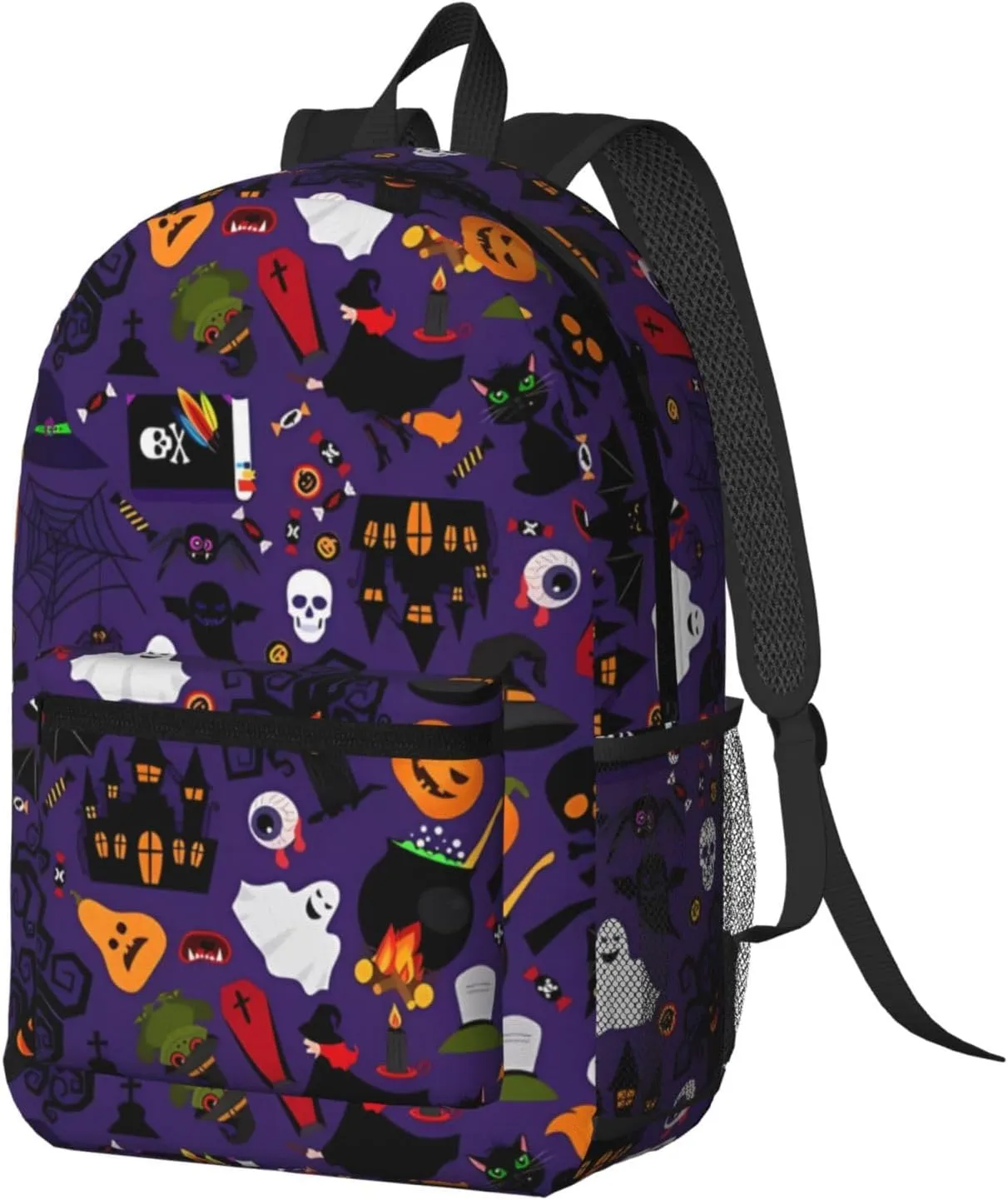 Happy Halloween Bats Witchs Spider Web Pumpkin Skull Bone 17 Inch Backpacks Multipurpose Laptop Backpack Double Shoulder Bag for Men Women Gifts