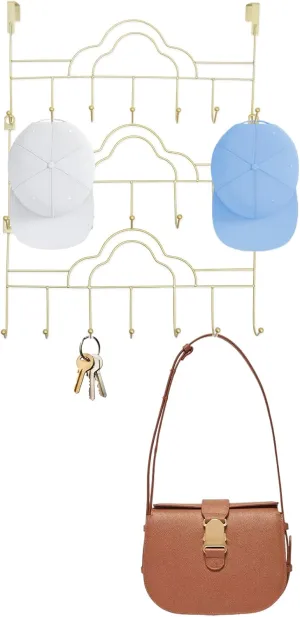 Hat Racks for Baseball Caps, 3 Tier Over Door Hat Rack Organizer, Coat Towel Rack Entryway and Bathroom, Door Hanger with 21 Peg Hooks for Scarves, Handbags, Towels, Clothes, Ties (Gold)