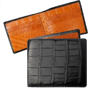 HATA Black Orange Mens Slim Bifold Leather Wallets Double Side Slim Passcase RFID Blocking Gift For Him Father Husband Dad Handmade Exotic Leather VILE-14