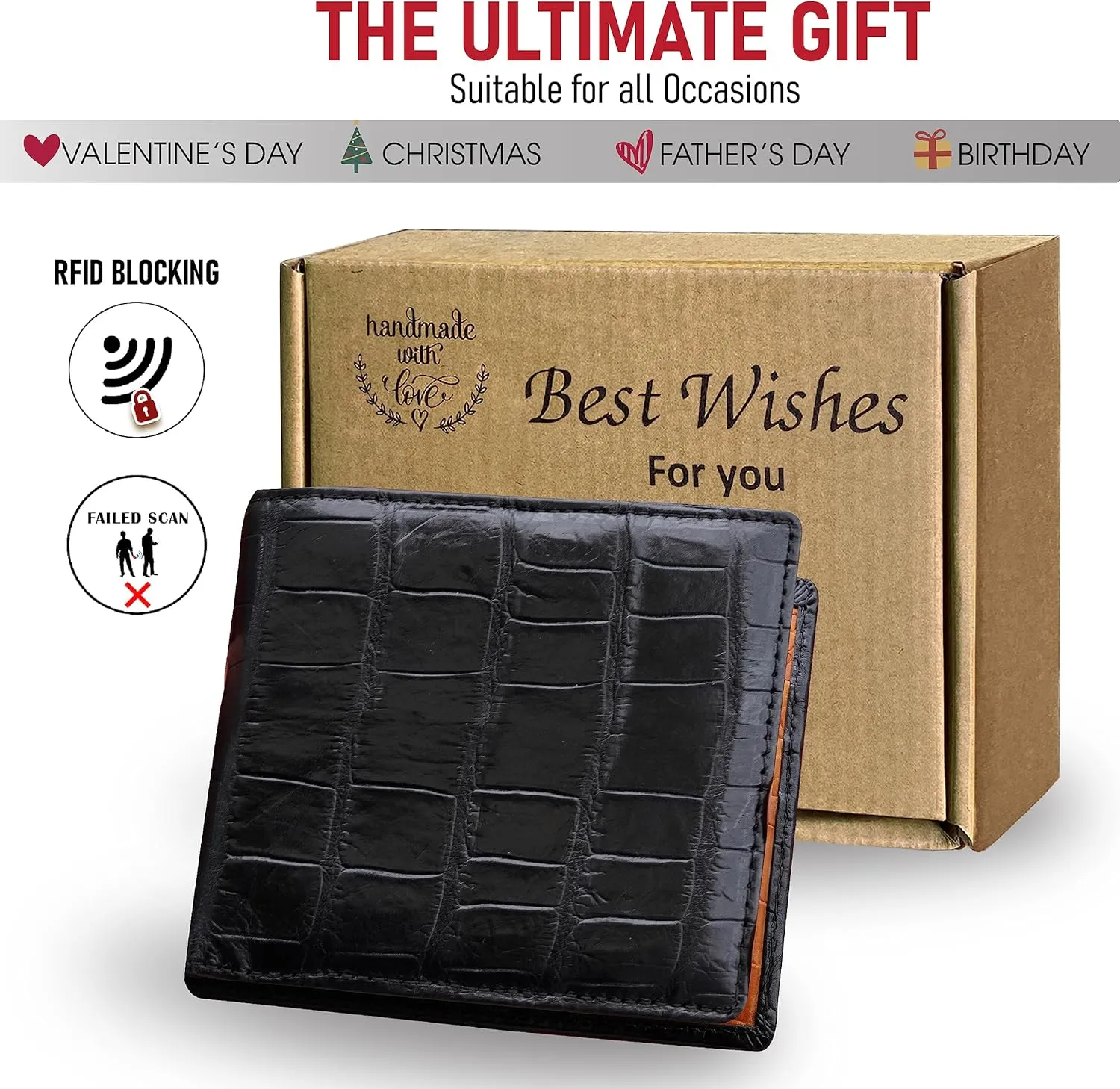 HATA Black Orange Mens Slim Bifold Leather Wallets Double Side Slim Passcase RFID Blocking Gift For Him Father Husband Dad Handmade Exotic Leather VILE-14