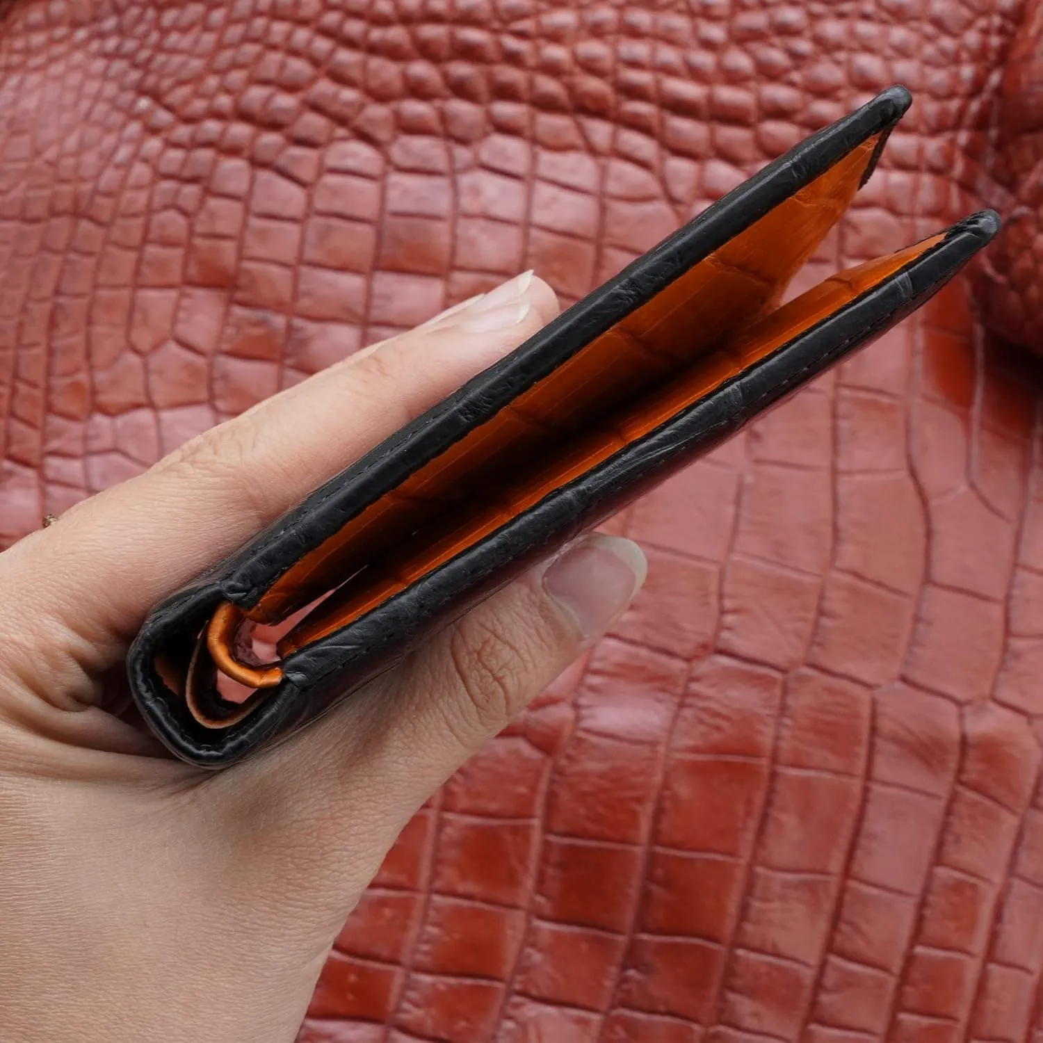 HATA Black Orange Mens Slim Bifold Leather Wallets Double Side Slim Passcase RFID Blocking Gift For Him Father Husband Dad Handmade Exotic Leather VILE-14