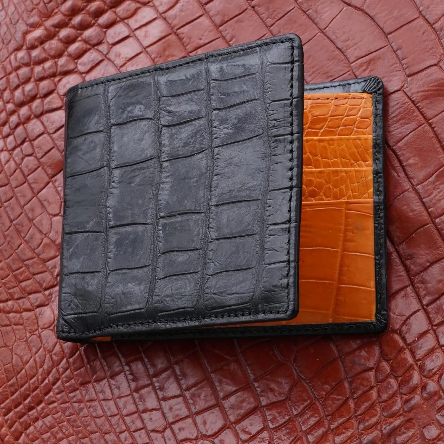 HATA Black Orange Mens Slim Bifold Leather Wallets Double Side Slim Passcase RFID Blocking Gift For Him Father Husband Dad Handmade Exotic Leather VILE-14