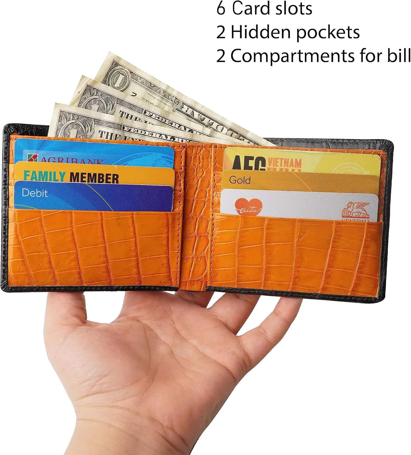 HATA Black Orange Mens Slim Bifold Leather Wallets Double Side Slim Passcase RFID Blocking Gift For Him Father Husband Dad Handmade Exotic Leather VILE-14