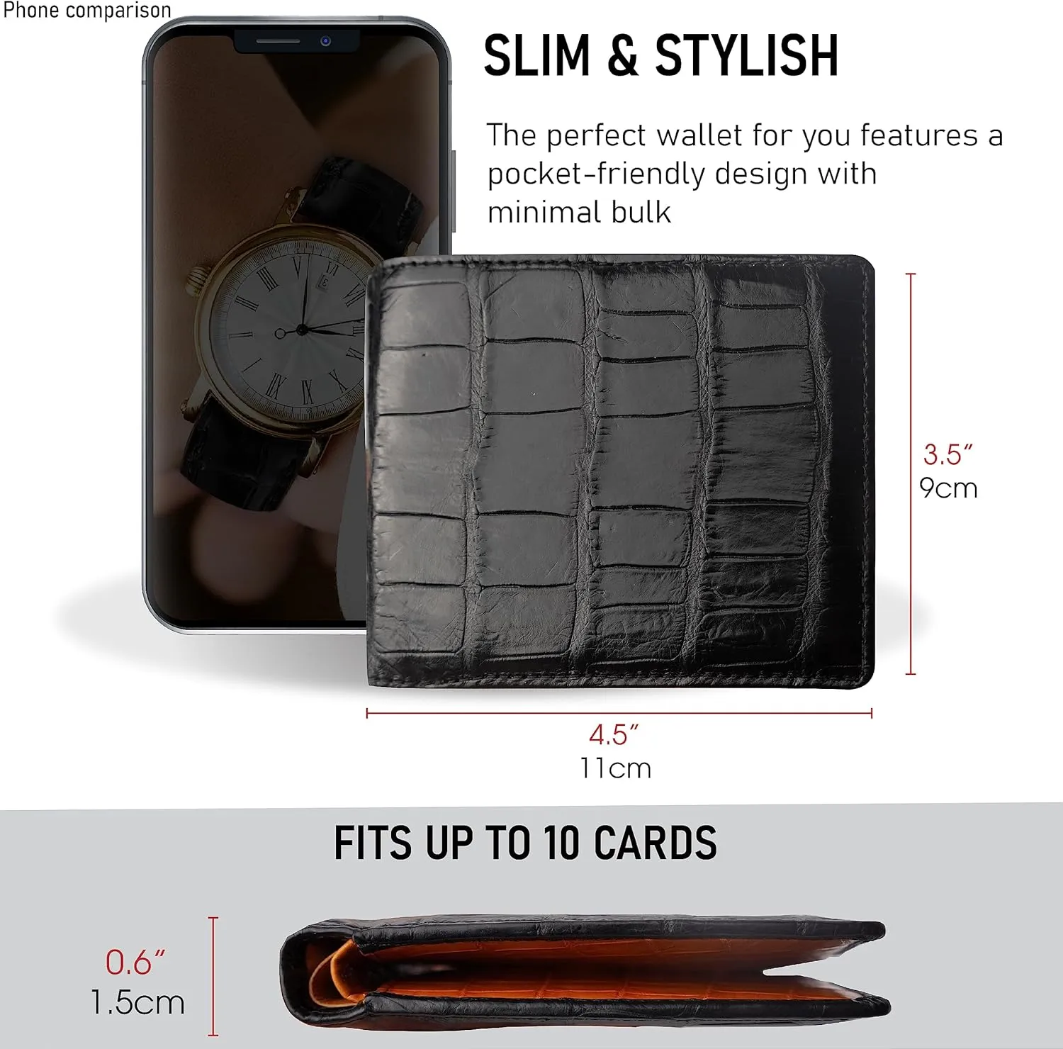 HATA Black Orange Mens Slim Bifold Leather Wallets Double Side Slim Passcase RFID Blocking Gift For Him Father Husband Dad Handmade Exotic Leather VILE-14