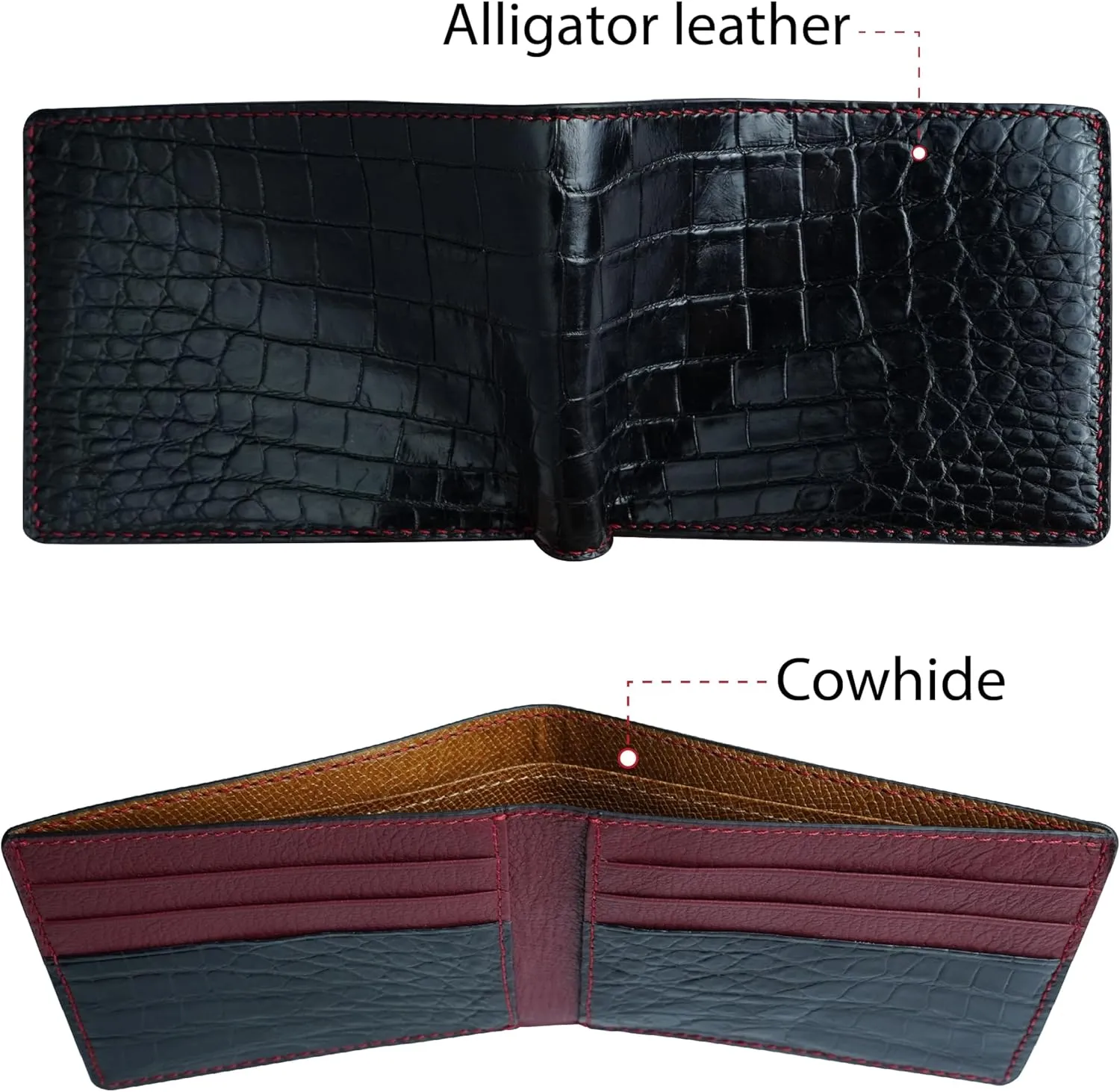 HATA Black Red Slim Men's Leather Wallet Double Side AIIigator Bifold Wallets RFID Blocking Luxury Croc Wallet for Men Christmas Birthday Gift for Him Husband Dad Grandpa VIMIX-12