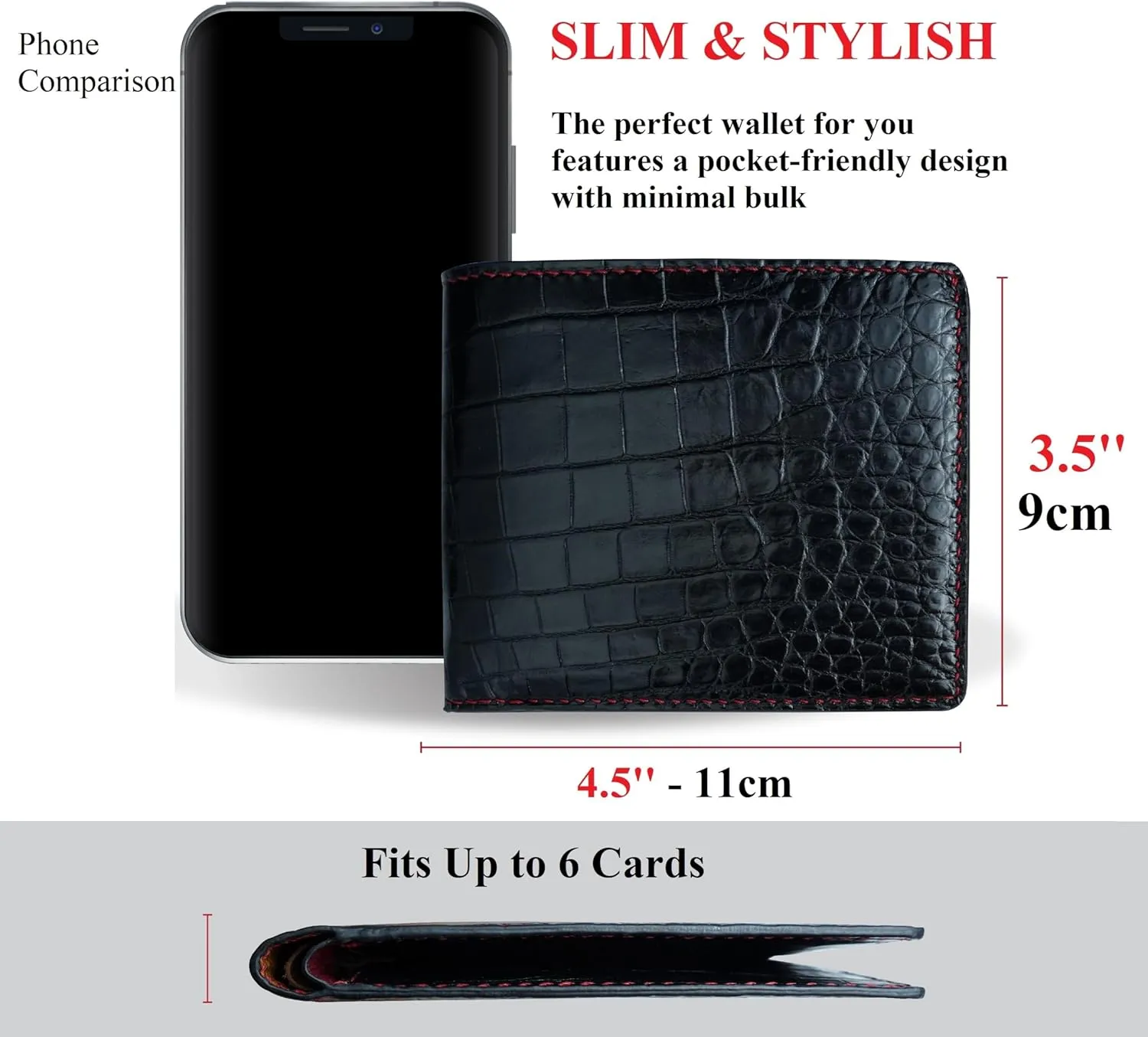 HATA Black Red Slim Men's Leather Wallet Double Side AIIigator Bifold Wallets RFID Blocking Luxury Croc Wallet for Men Christmas Birthday Gift for Him Husband Dad Grandpa VIMIX-12