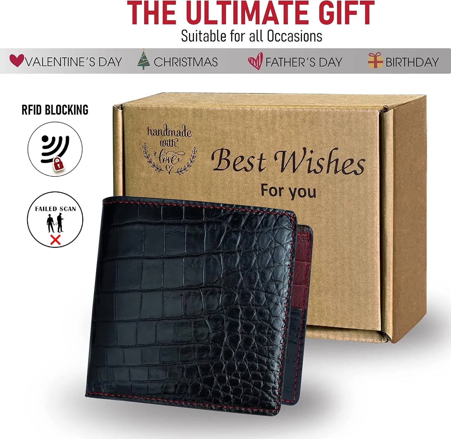 HATA Black Red Slim Men's Leather Wallet Double Side AIIigator Bifold Wallets RFID Blocking Luxury Croc Wallet for Men Christmas Birthday Gift for Him Husband Dad Grandpa VIMIX-12