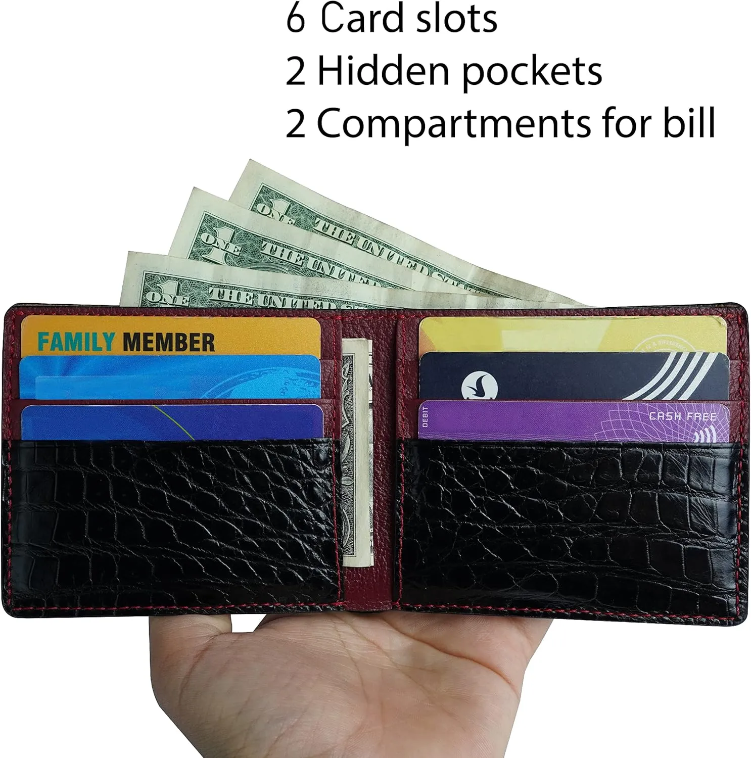 HATA Black Red Slim Men's Leather Wallet Double Side AIIigator Bifold Wallets RFID Blocking Luxury Croc Wallet for Men Christmas Birthday Gift for Him Husband Dad Grandpa VIMIX-12