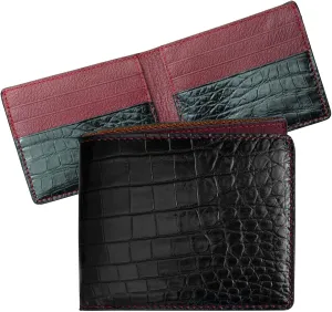 HATA Black Red Slim Men's Leather Wallet Double Side AIIigator Bifold Wallets RFID Blocking Luxury Croc Wallet for Men Christmas Birthday Gift for Him Husband Dad Grandpa VIMIX-12