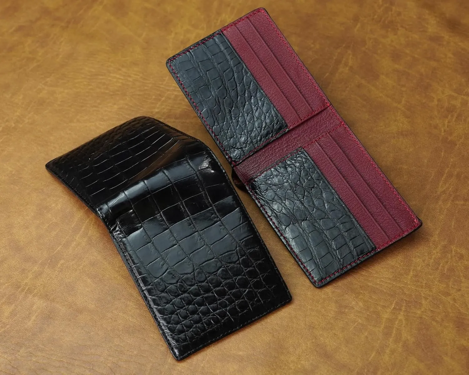 HATA Black Red Slim Men's Leather Wallet Double Side AIIigator Bifold Wallets RFID Blocking Luxury Croc Wallet for Men Christmas Birthday Gift for Him Husband Dad Grandpa VIMIX-12