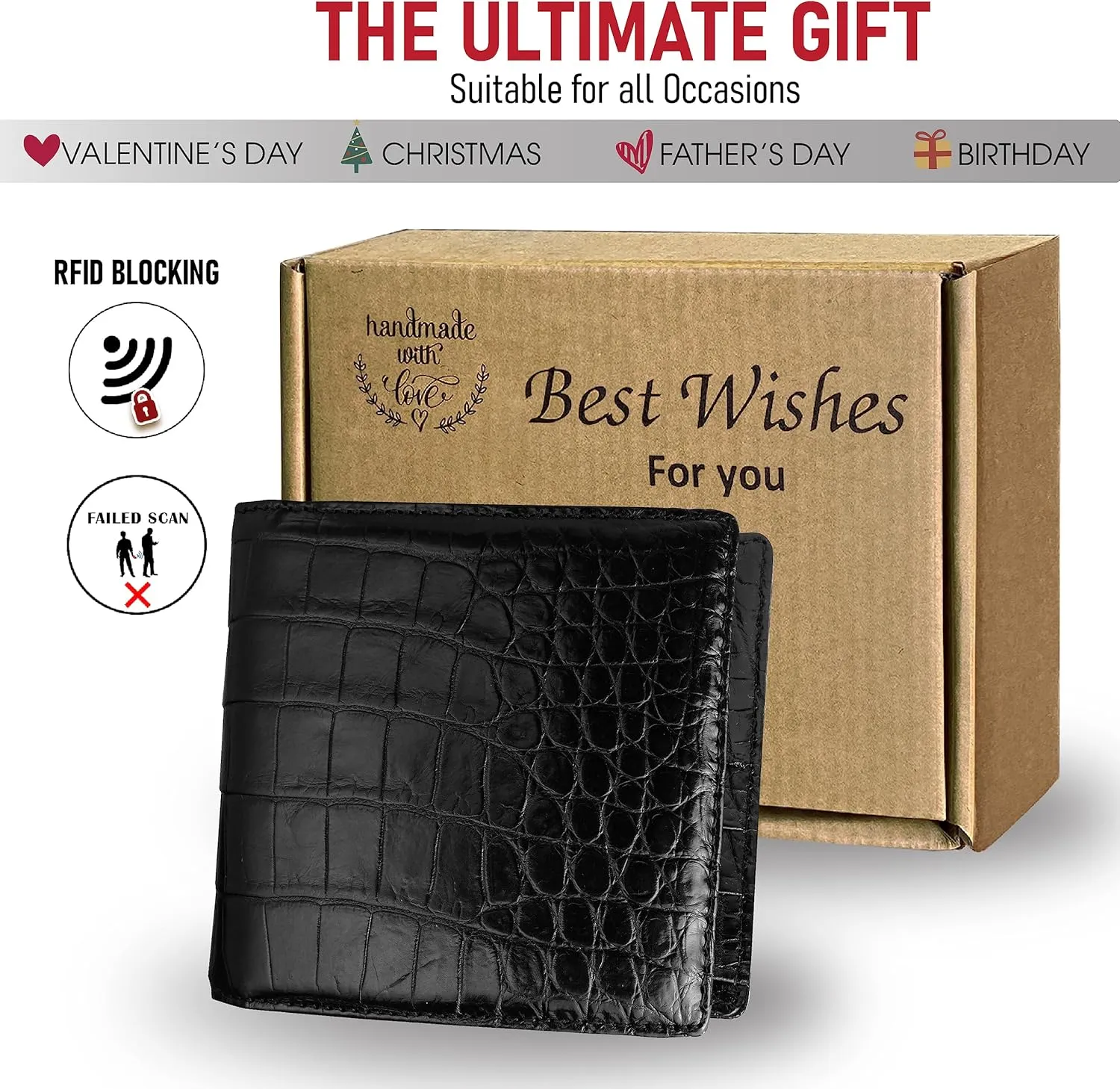 HATA Men Leather Wallet Croc RFID Blocking Front Pocket AIIigator Handmade Gift For Birthday Wedding Anniversary Father's Day