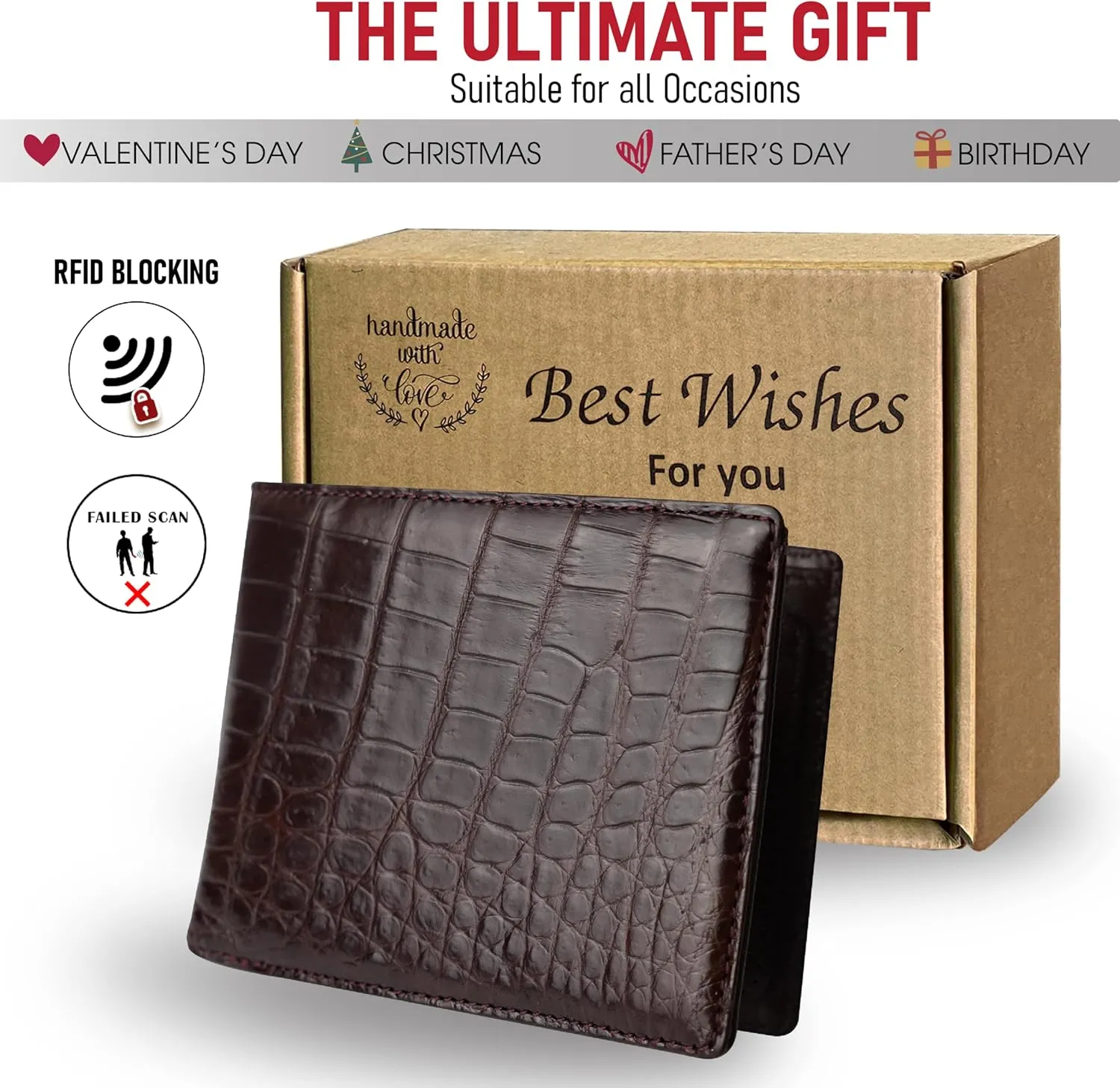 HATA Men Leather Wallet Croc RFID Blocking Front Pocket AIIigator Handmade Gift For Birthday Wedding Anniversary Father's Day