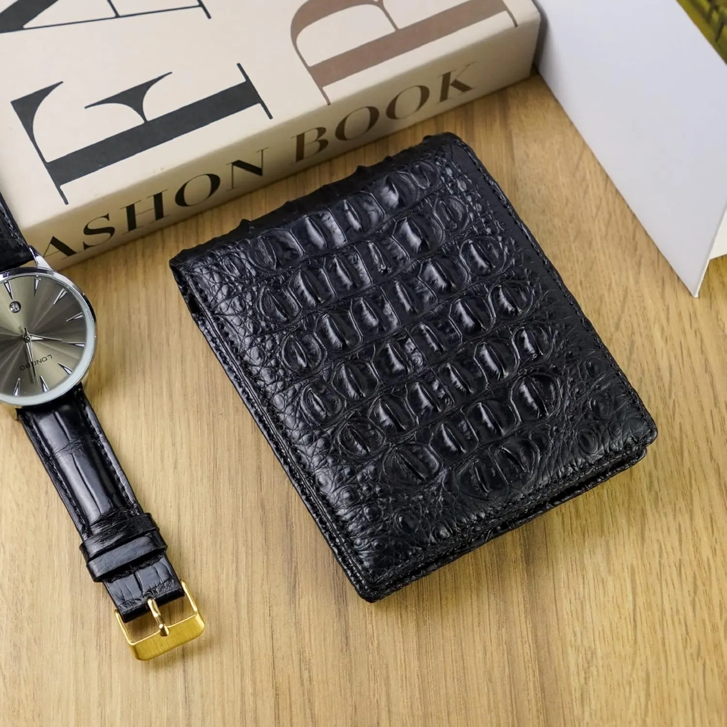 HATA Men Leather Wallet Croc RFID Blocking Front Pocket AIIigator Handmade Gift For Birthday Wedding Anniversary Father's Day