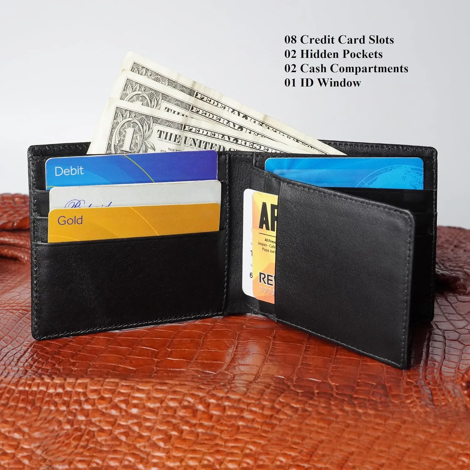 HATA Men Leather Wallet Croc RFID Blocking Front Pocket AIIigator Handmade Gift For Birthday Wedding Anniversary Father's Day