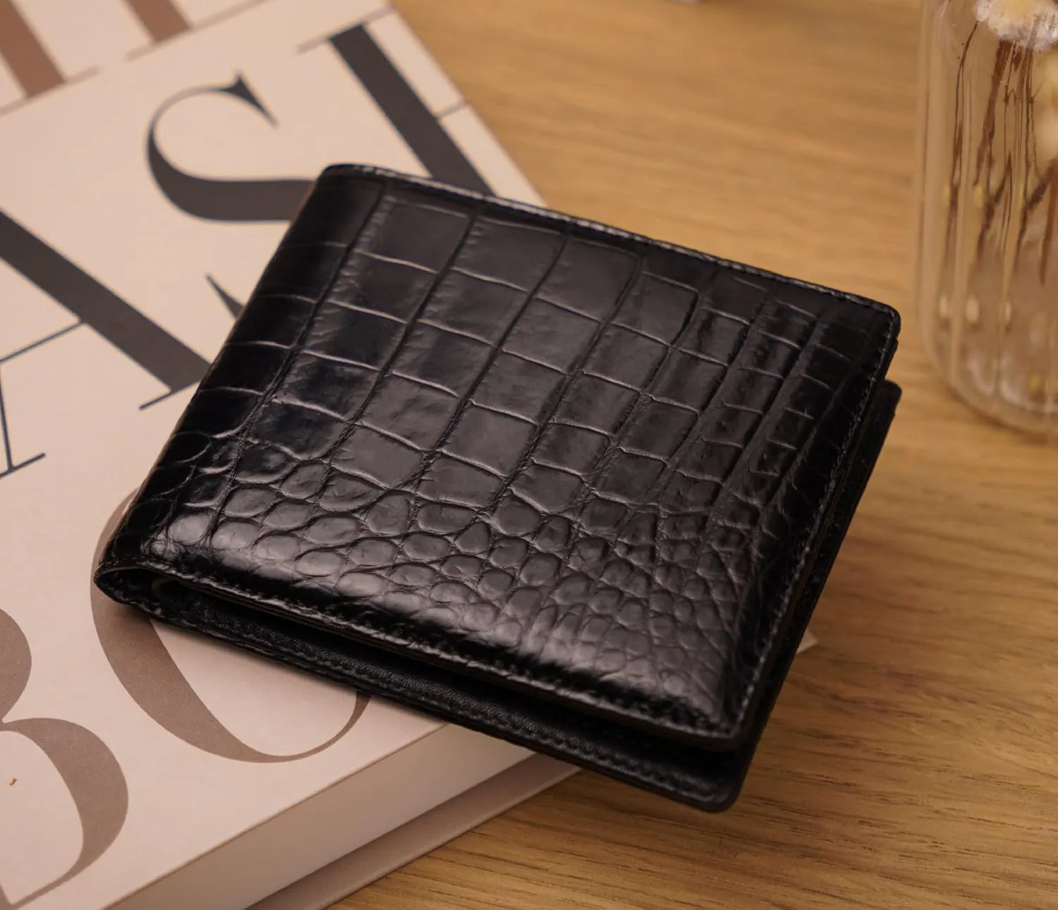 HATA Men Leather Wallet Croc RFID Blocking Front Pocket AIIigator Handmade Gift For Birthday Wedding Anniversary Father's Day