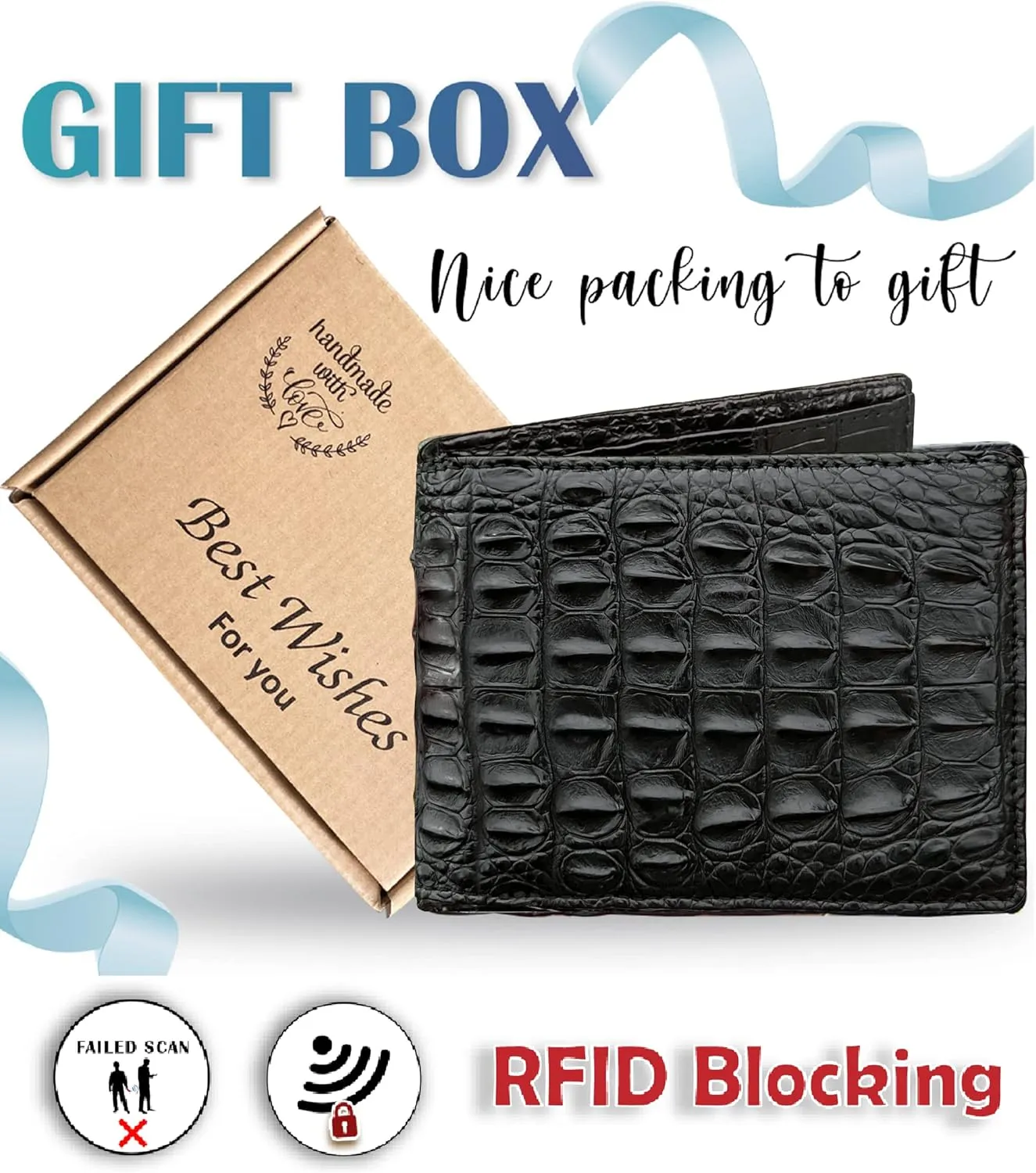 HATA Men Leather Wallet Croc RFID Blocking Front Pocket AIIigator Handmade Gift For Birthday Wedding Anniversary Father's Day