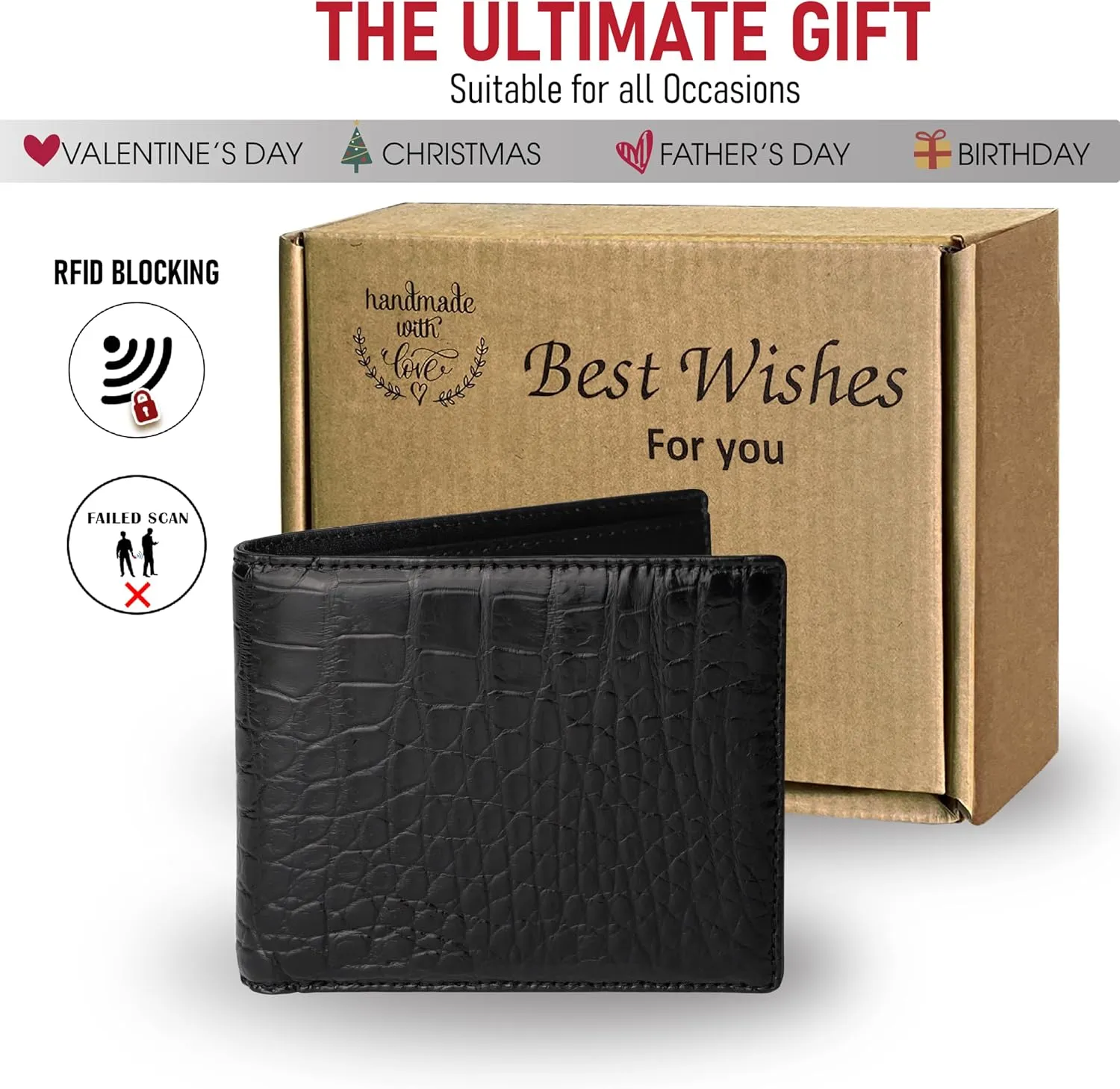 HATA Men Leather Wallet Croc RFID Blocking Front Pocket AIIigator Handmade Gift For Birthday Wedding Anniversary Father's Day