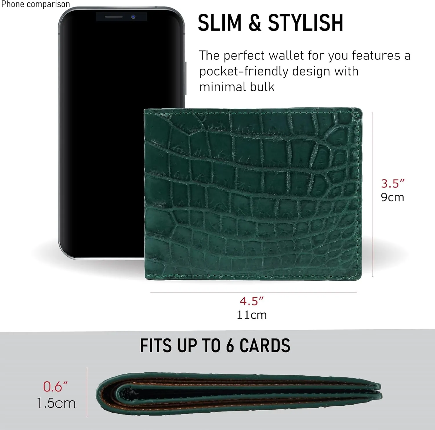 HATA Mens Green Croc Slim Bifold Leather Wallets RFID Blocking AIIigator Wallet Double Side Luxury Passcase with ID Window Classic Handmade Gift for Dad Son Husband Boyfriend VIMIX-81
