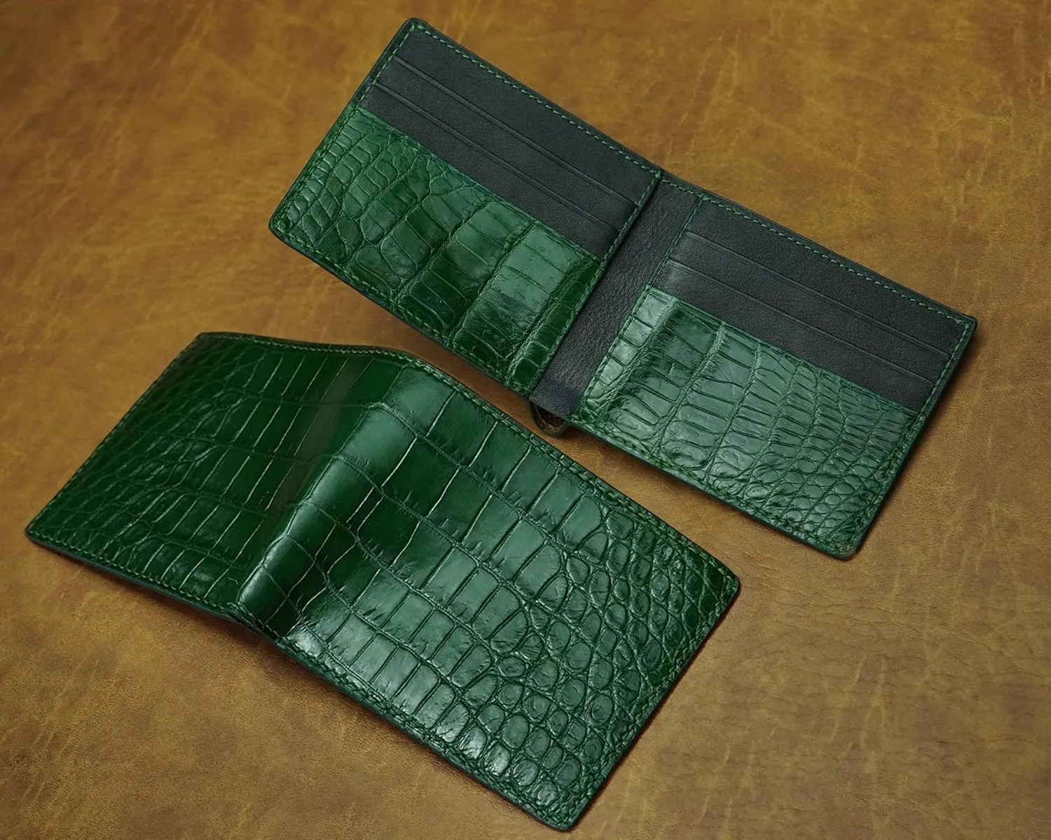 HATA Mens Green Croc Slim Bifold Leather Wallets RFID Blocking AIIigator Wallet Double Side Luxury Passcase with ID Window Classic Handmade Gift for Dad Son Husband Boyfriend VIMIX-81
