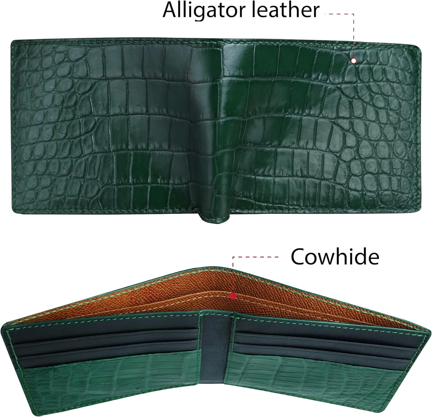 HATA Mens Green Croc Slim Bifold Leather Wallets RFID Blocking AIIigator Wallet Double Side Luxury Passcase with ID Window Classic Handmade Gift for Dad Son Husband Boyfriend VIMIX-81