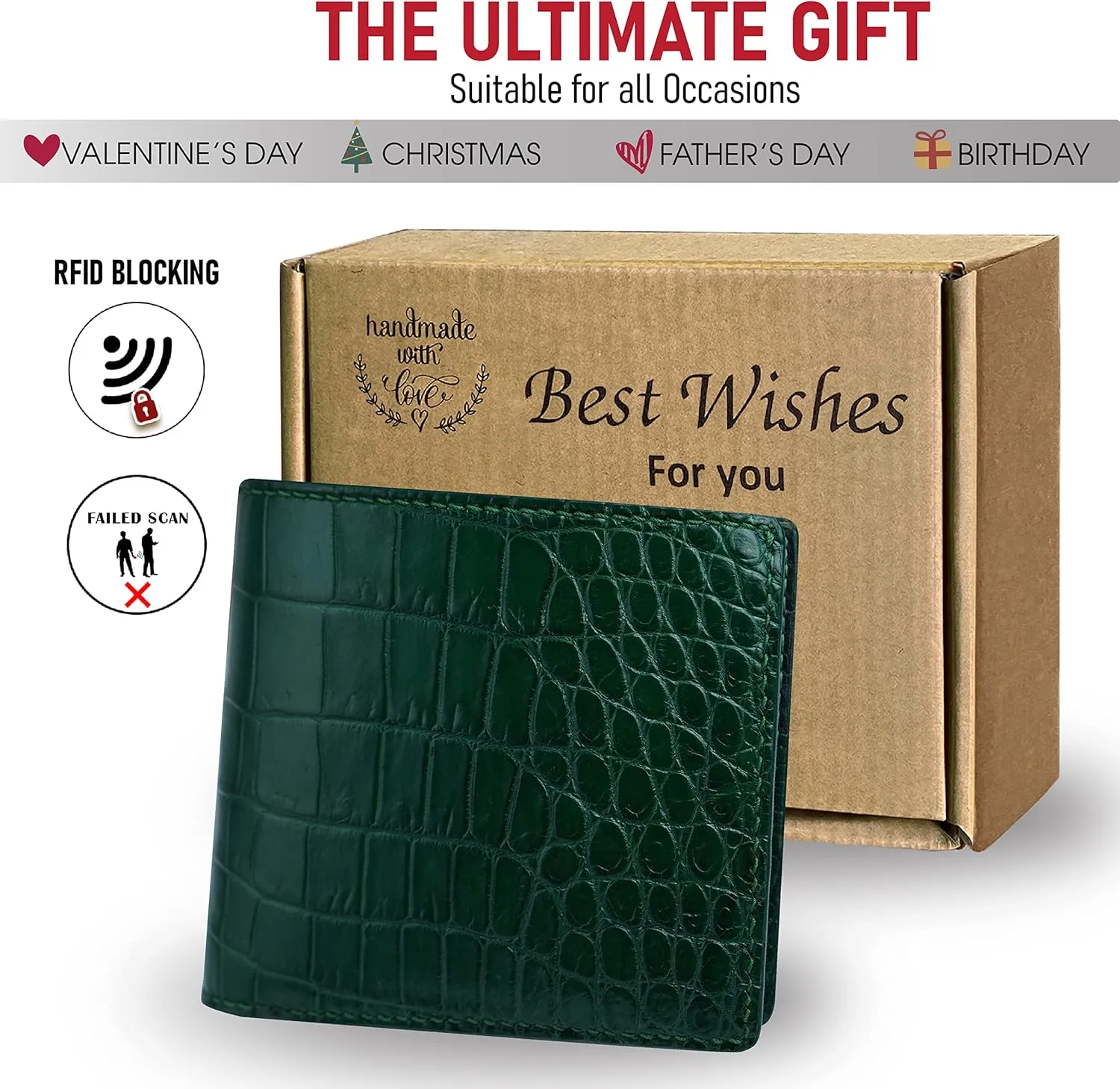 HATA Mens Green Croc Slim Bifold Leather Wallets RFID Blocking AIIigator Wallet Double Side Luxury Passcase with ID Window Classic Handmade Gift for Dad Son Husband Boyfriend VIMIX-81